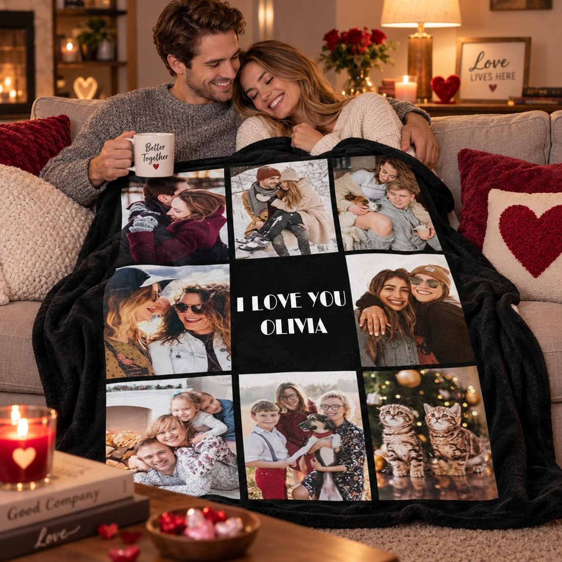 Couple cuddling on a sofa under a black custom photo collage blanket reading I Love You Olivia