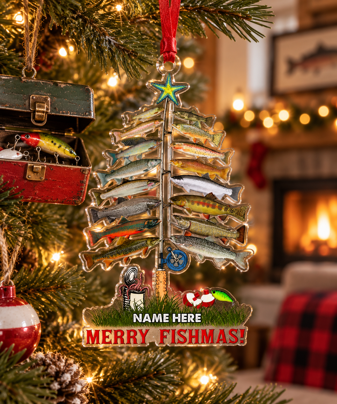 Merry Fishmas fishing acrylic Christmas tree ornament with name hanging on a tree