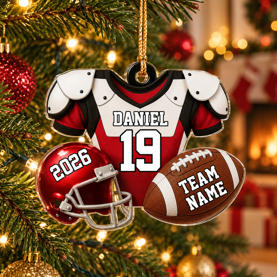 American football jersey acrylic Christmas ornament with name Daniel on a decorated tree