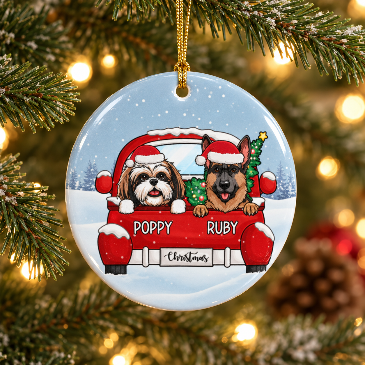 Personalized round ceramic dog Christmas ornament with red truck hanging on a tree