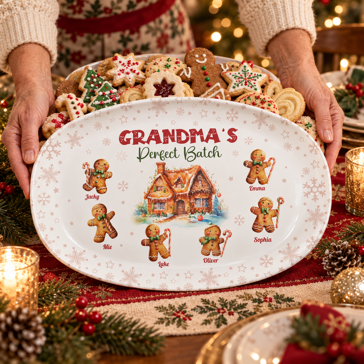 Grandma's Perfect Batch personalized Christmas platter with cookies on a festive holiday table