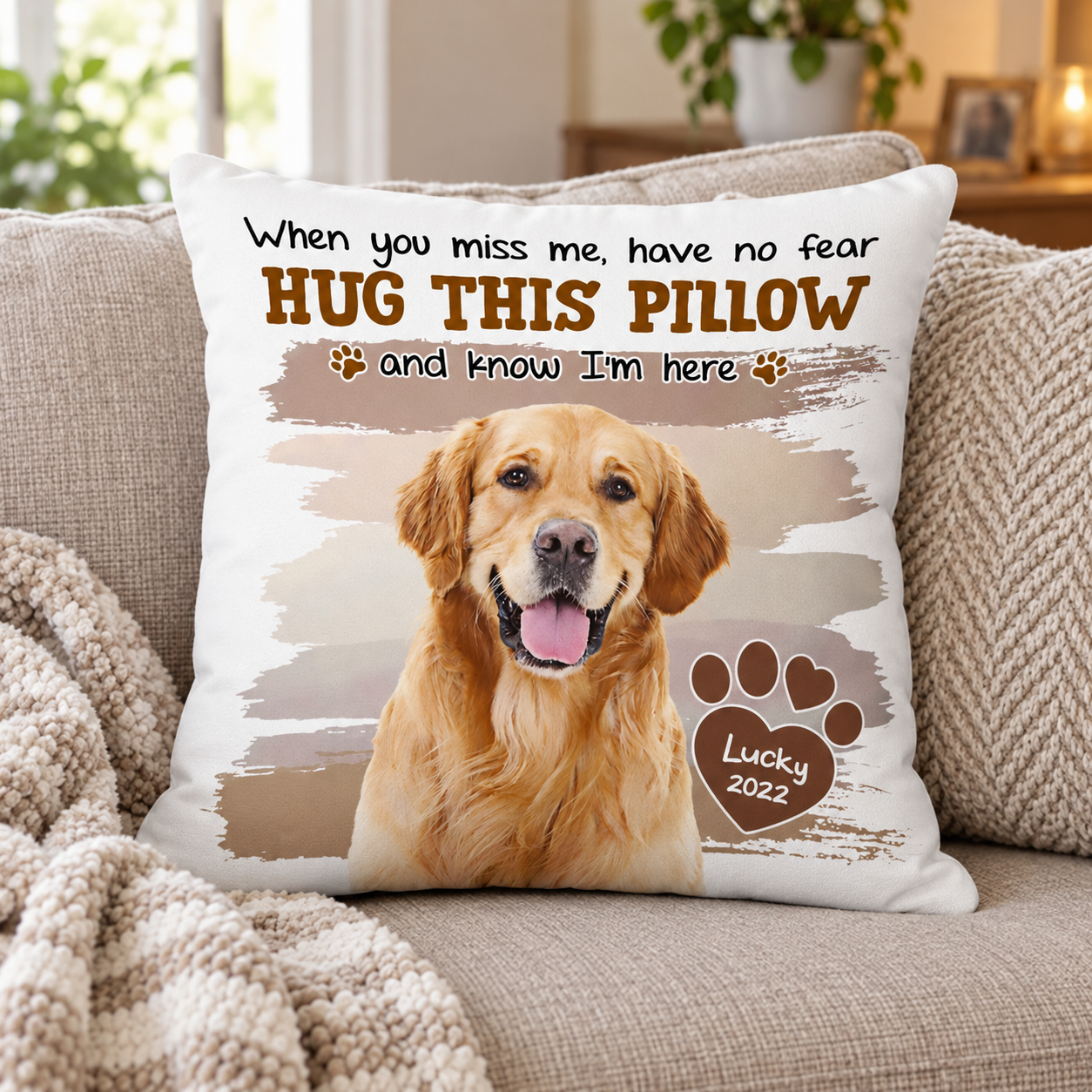 Custom photo dog memorial hug this pillow on a living room sofa with a throw blanket