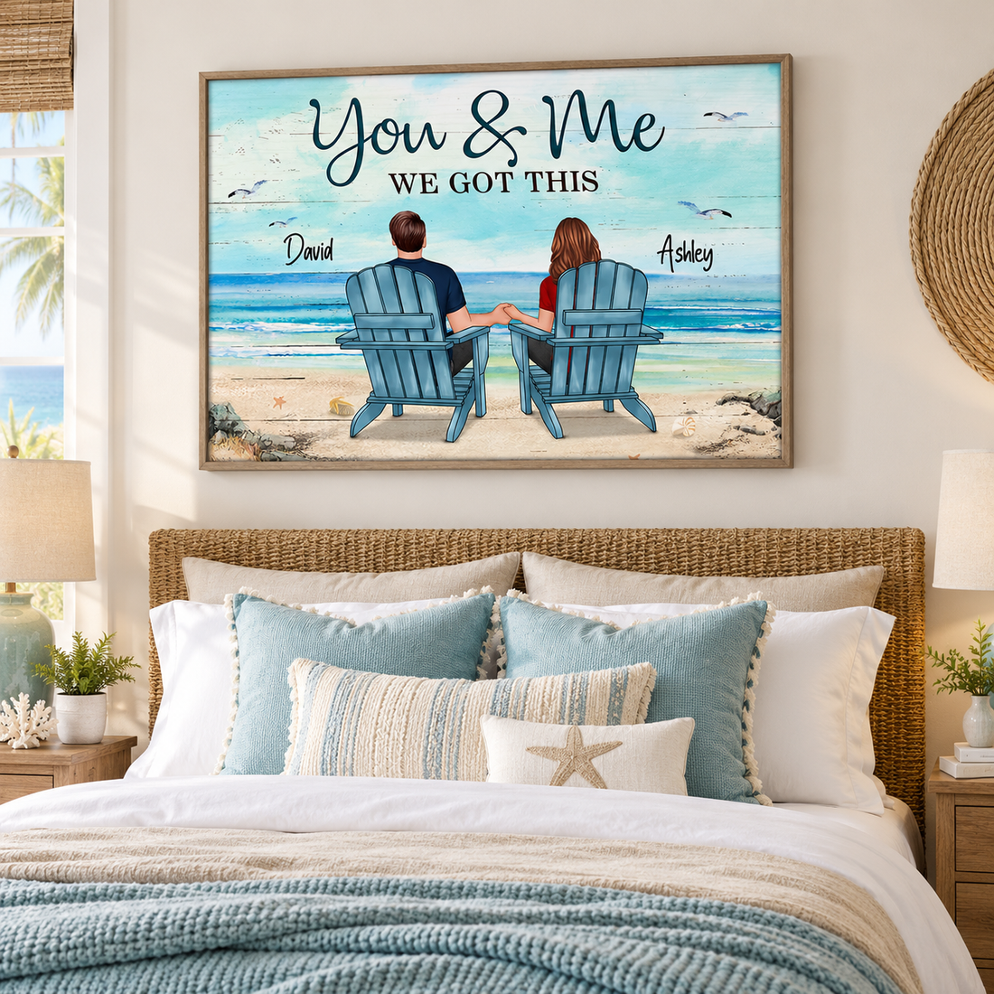 Back view couple sitting on the beach personalized poster in a frame above a bed