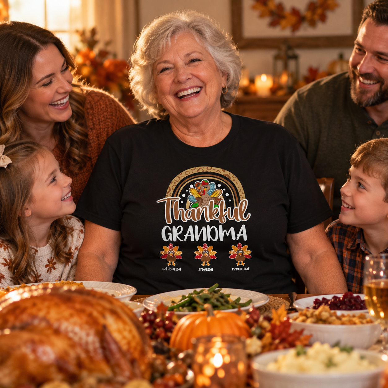 Smiling grandmother wearing a personalized Thankful Grandma t-shirt at a Thanksgiving dinner table with family