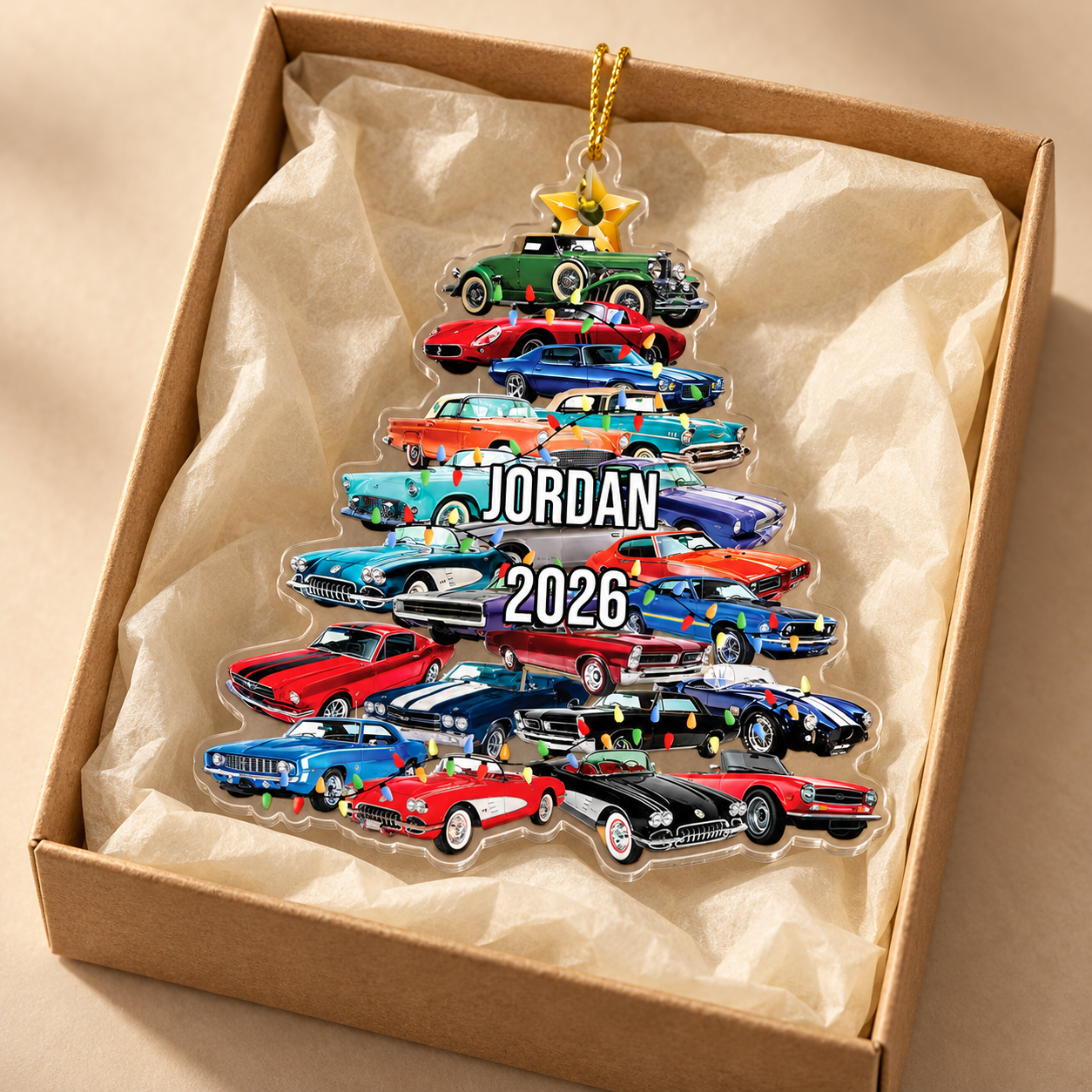 Custom stacked classic cars Christmas tree acrylic ornament in a kraft gift box with tissue paper