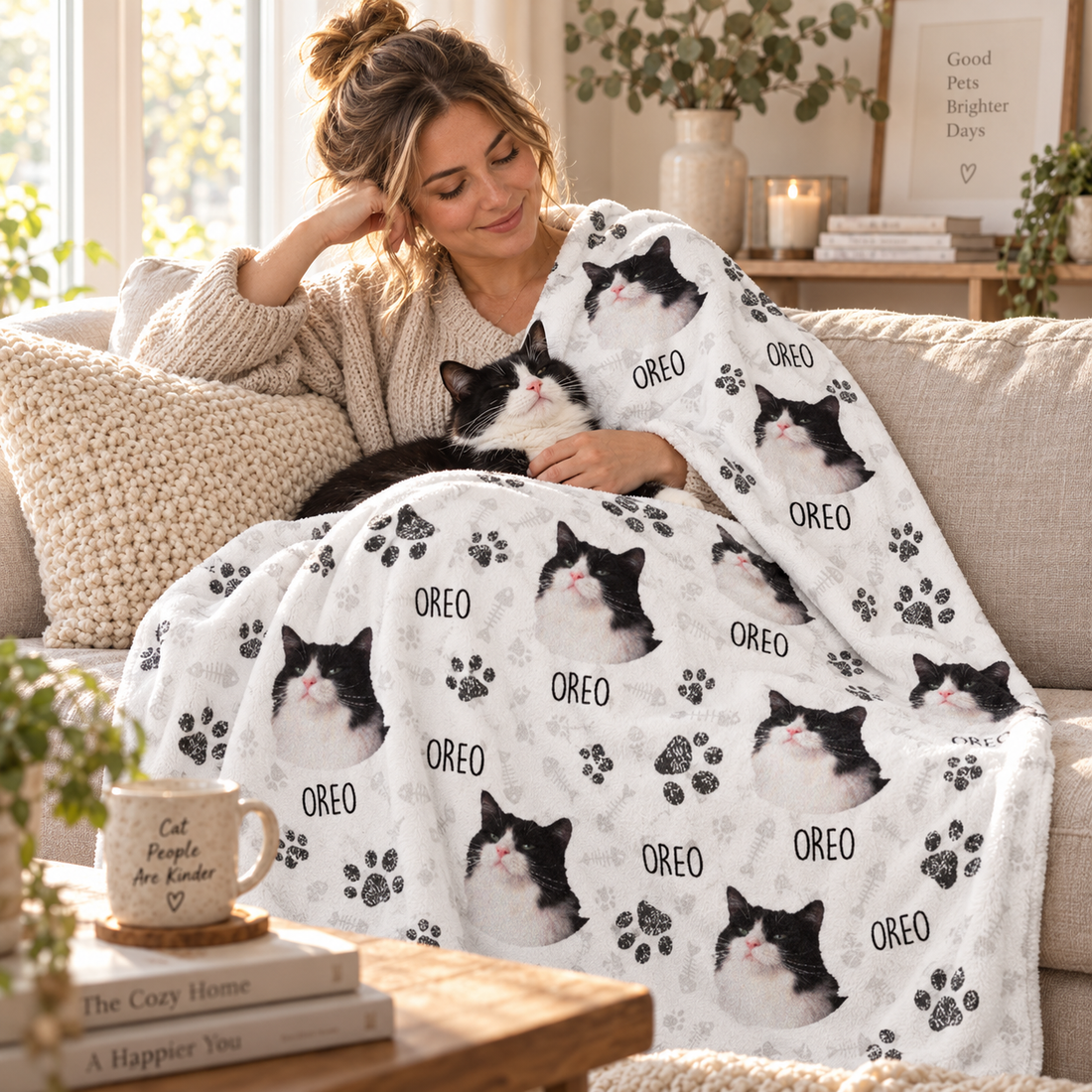 Woman on a sofa wrapped in a custom cat photo blanket with the name Oreo while cuddling her cat
