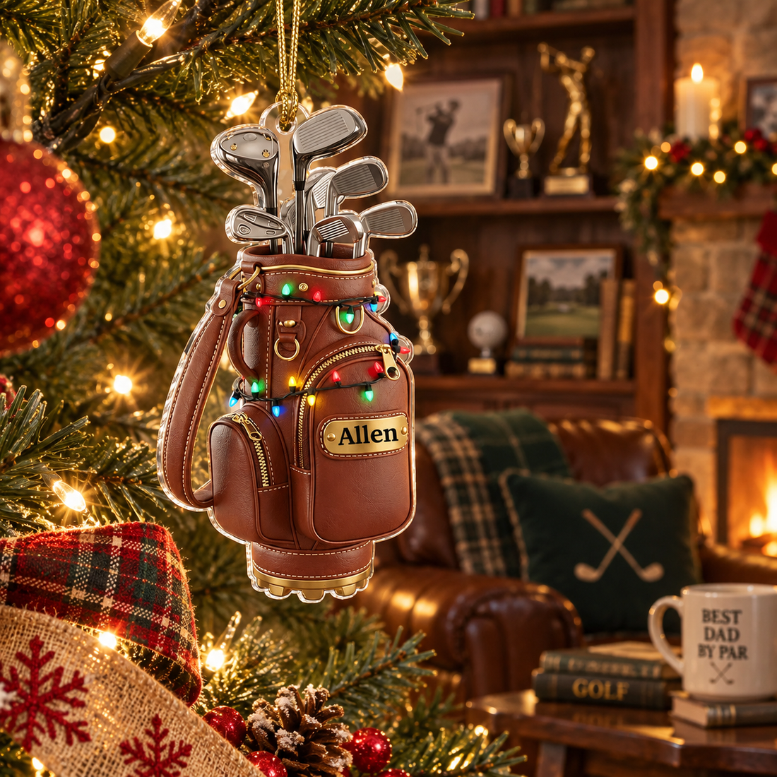 Personalized golf bag acrylic Christmas ornament with name Allen on a tree in a golfer's den