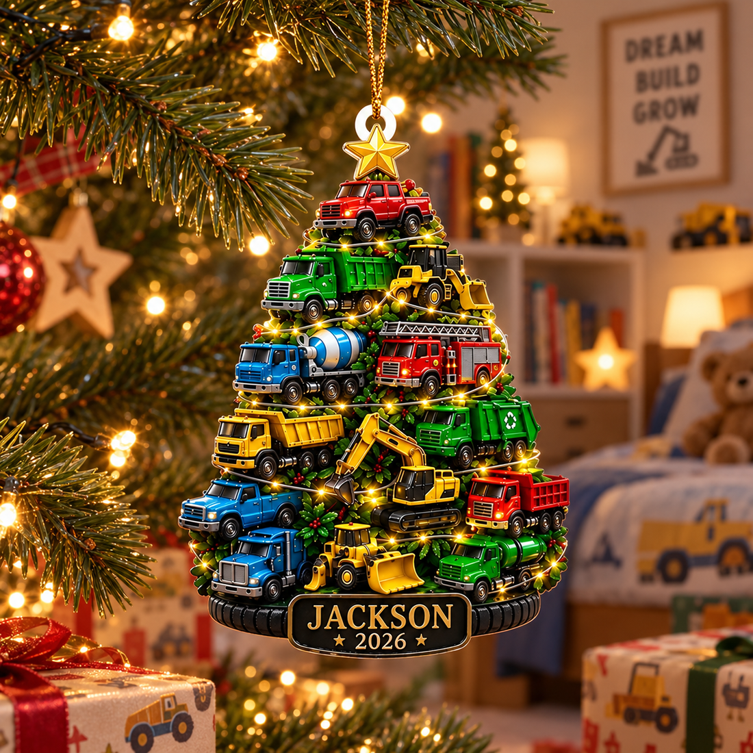 Truck Christmas tree acrylic ornament with name Jackson hanging in a boy's holiday bedroom