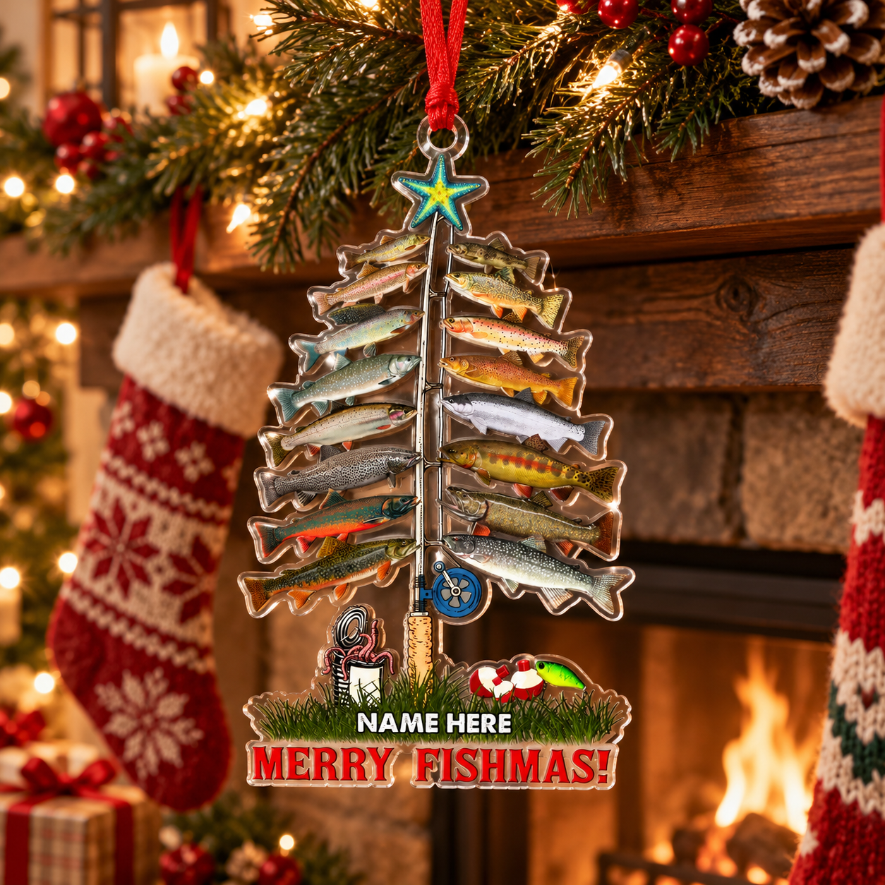 Personalized Merry Fishmas fishing ornament on a fireplace mantel with stockings