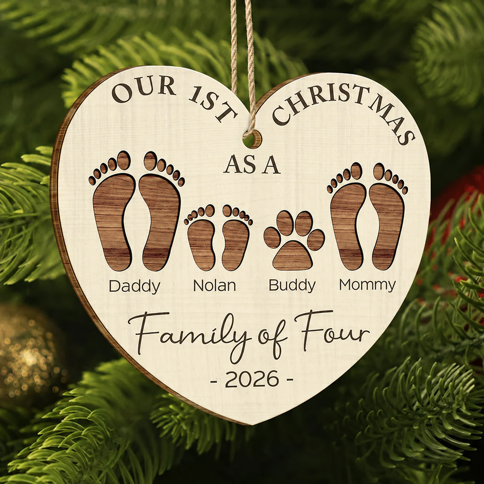 First Christmas As A Family Of Four Footprints custom shaped wood ornament, main view