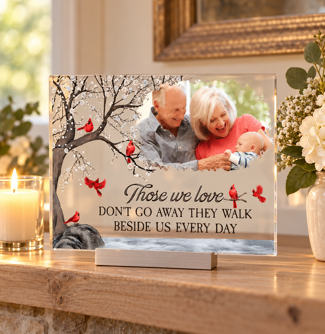 Photo memorial acrylic plaque Always With You on a mantel with a candle and flowers