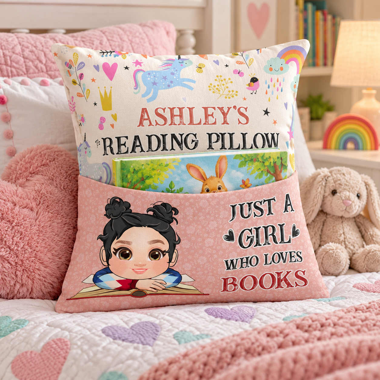 Personalized kids reading pocket pillow on a bed with a book in the pocket