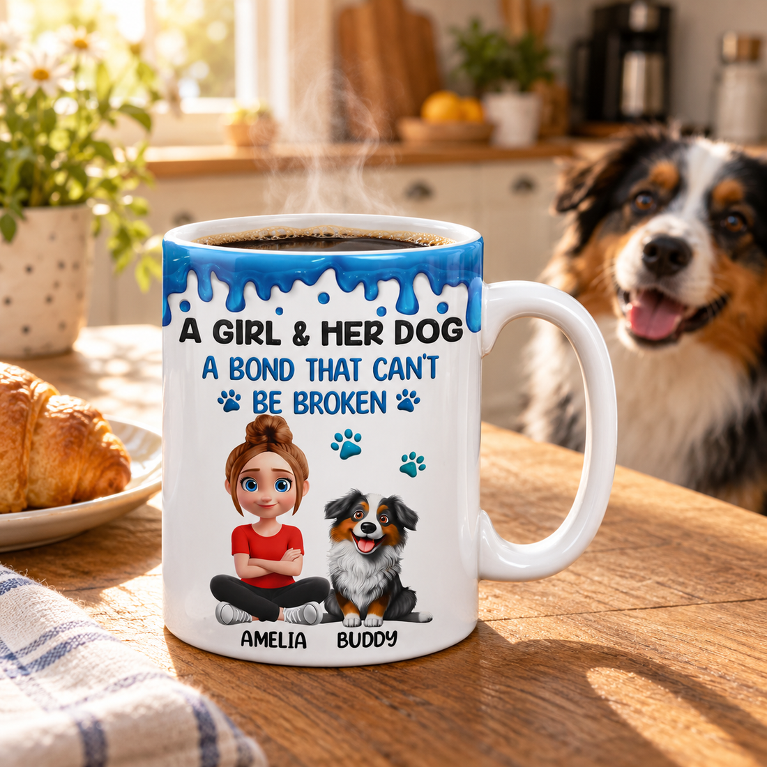 Personalized girl and dog mug on a kitchen table with morning coffee