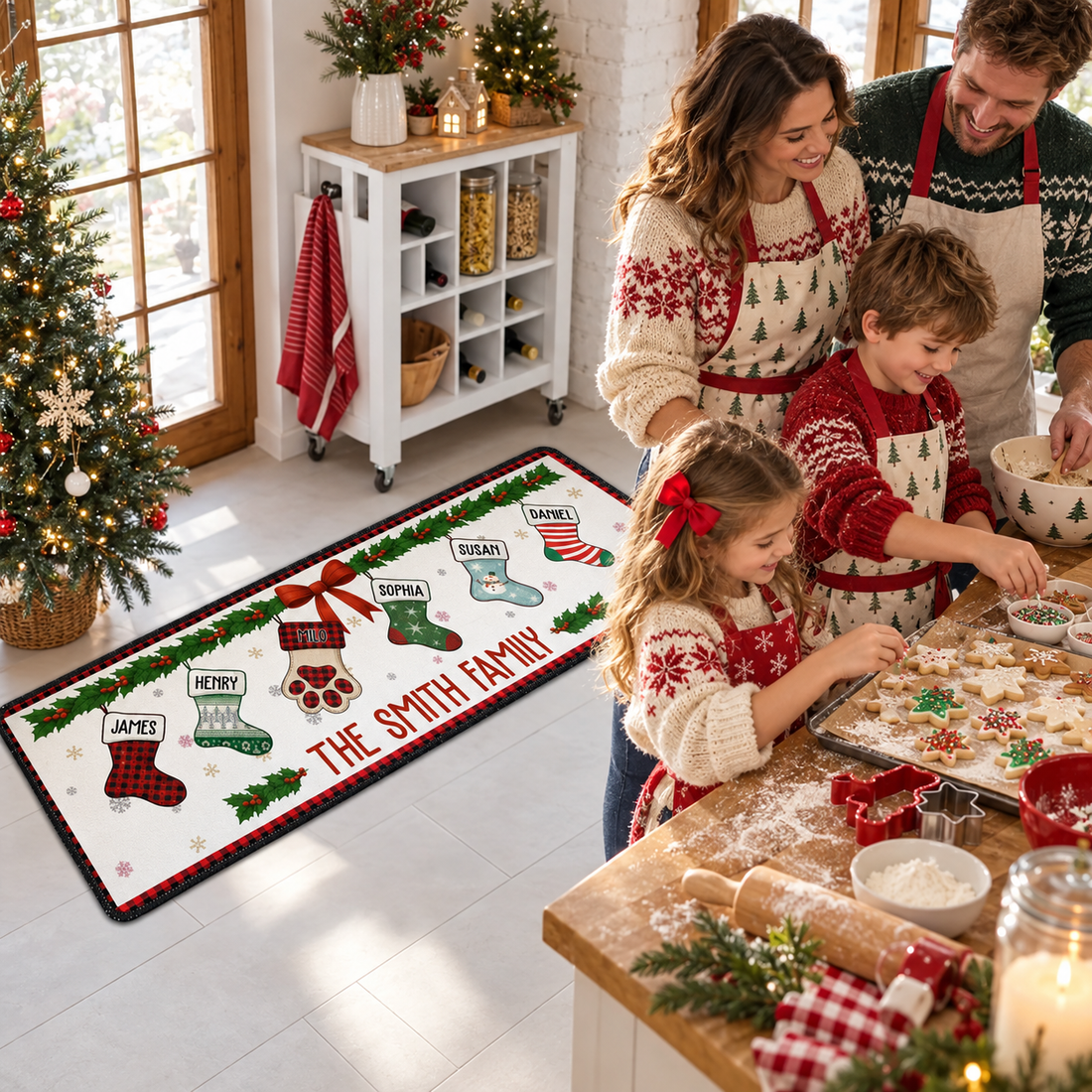 Family baking Christmas cookies in the kitchen on a personalized family runner rug