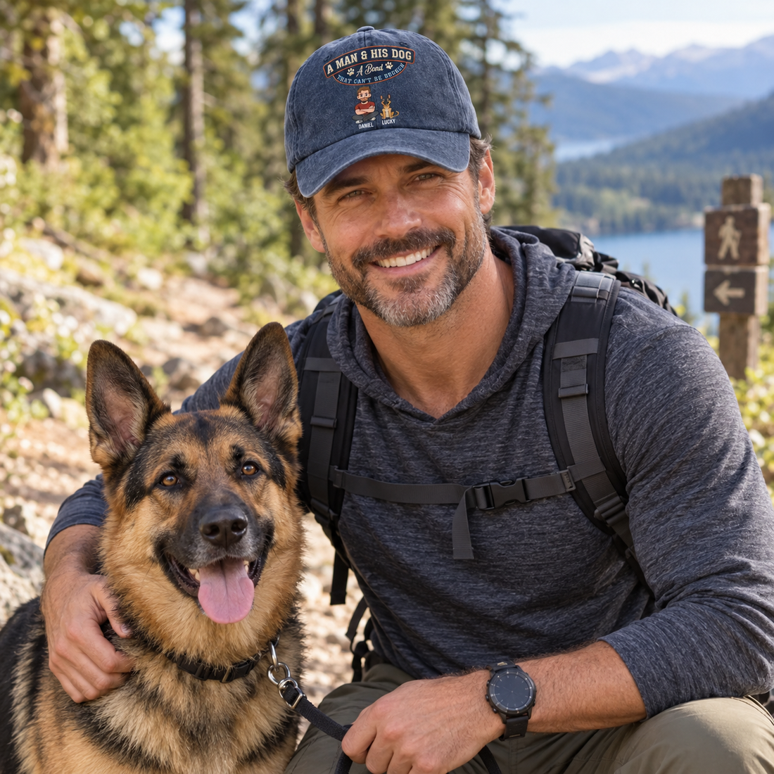 Man hiking with his dog wearing a personalized A Man and His Dog denim cap