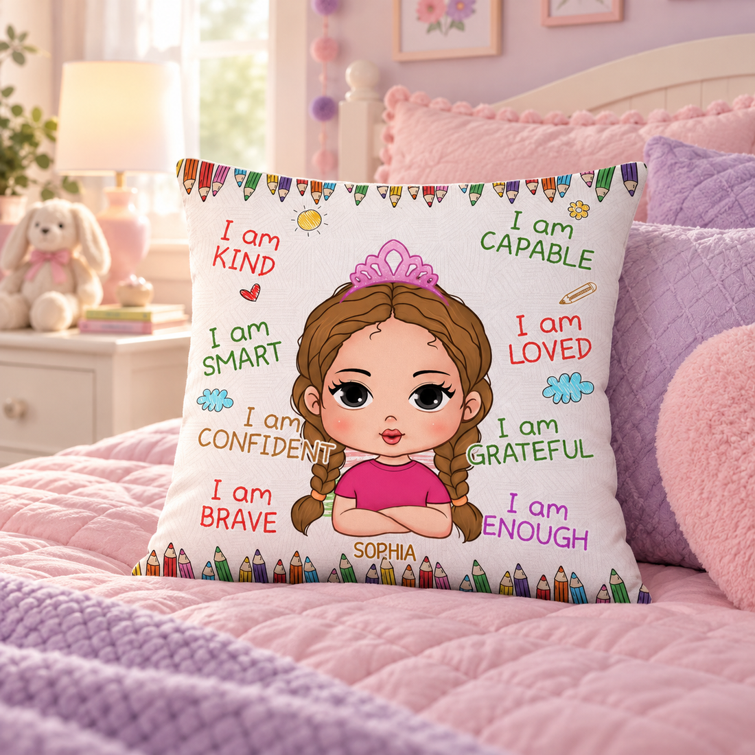 Personalized I Am Kind Smart Loved kids pillow on a girl's bed in a pastel bedroom