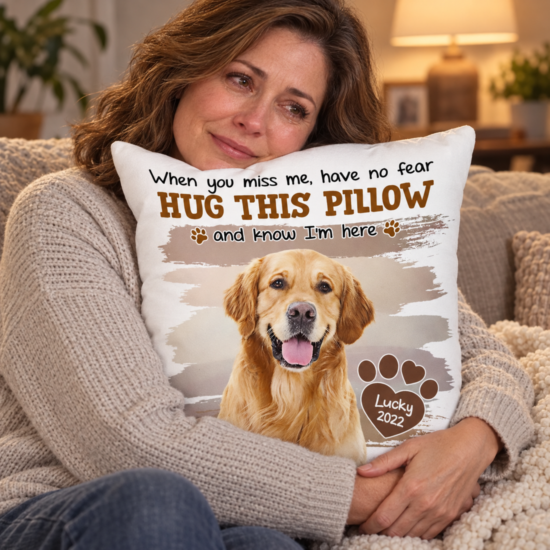 Woman hugging a custom pet photo memorial pillow on a sofa for comfort