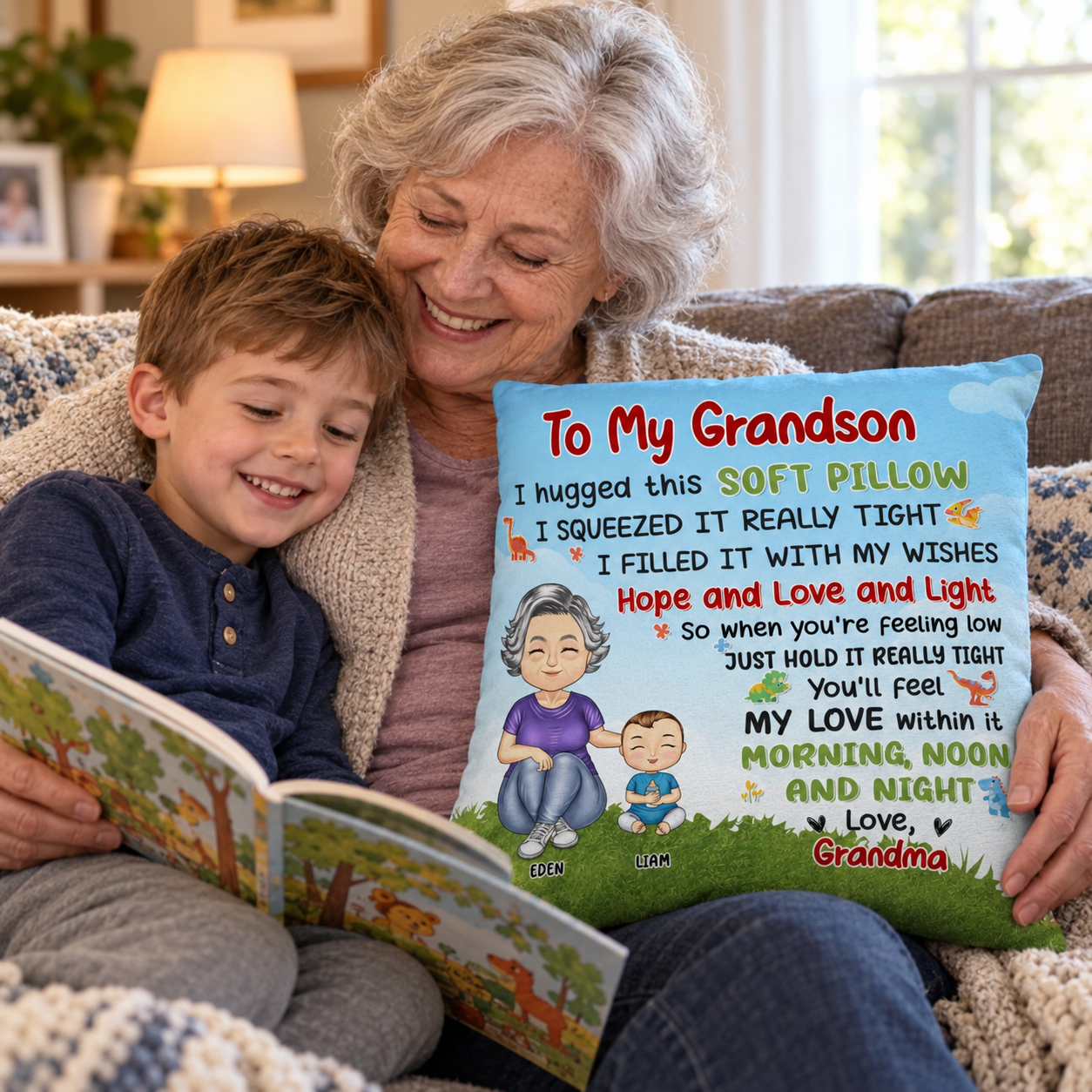 Grandmother and grandson reading with a personalized To My Grandson pillow