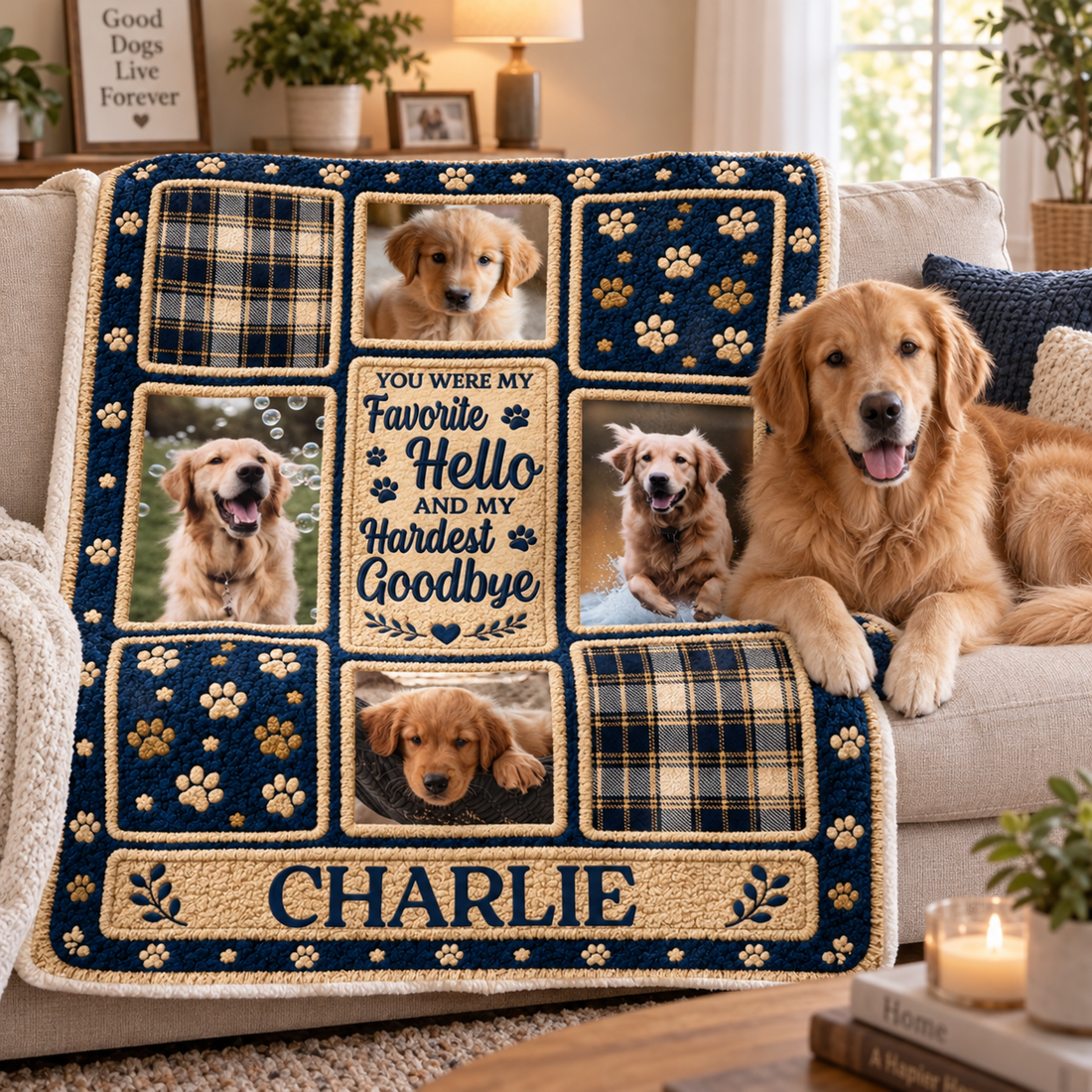 Navy plaid paw print photo blanket with dog name Charlie on a sofa beside a golden retriever