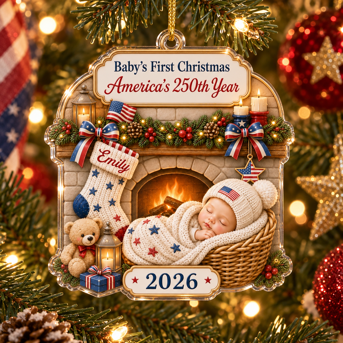 Baby's First Christmas America's 250th acrylic ornament with name hanging on a Christmas tree