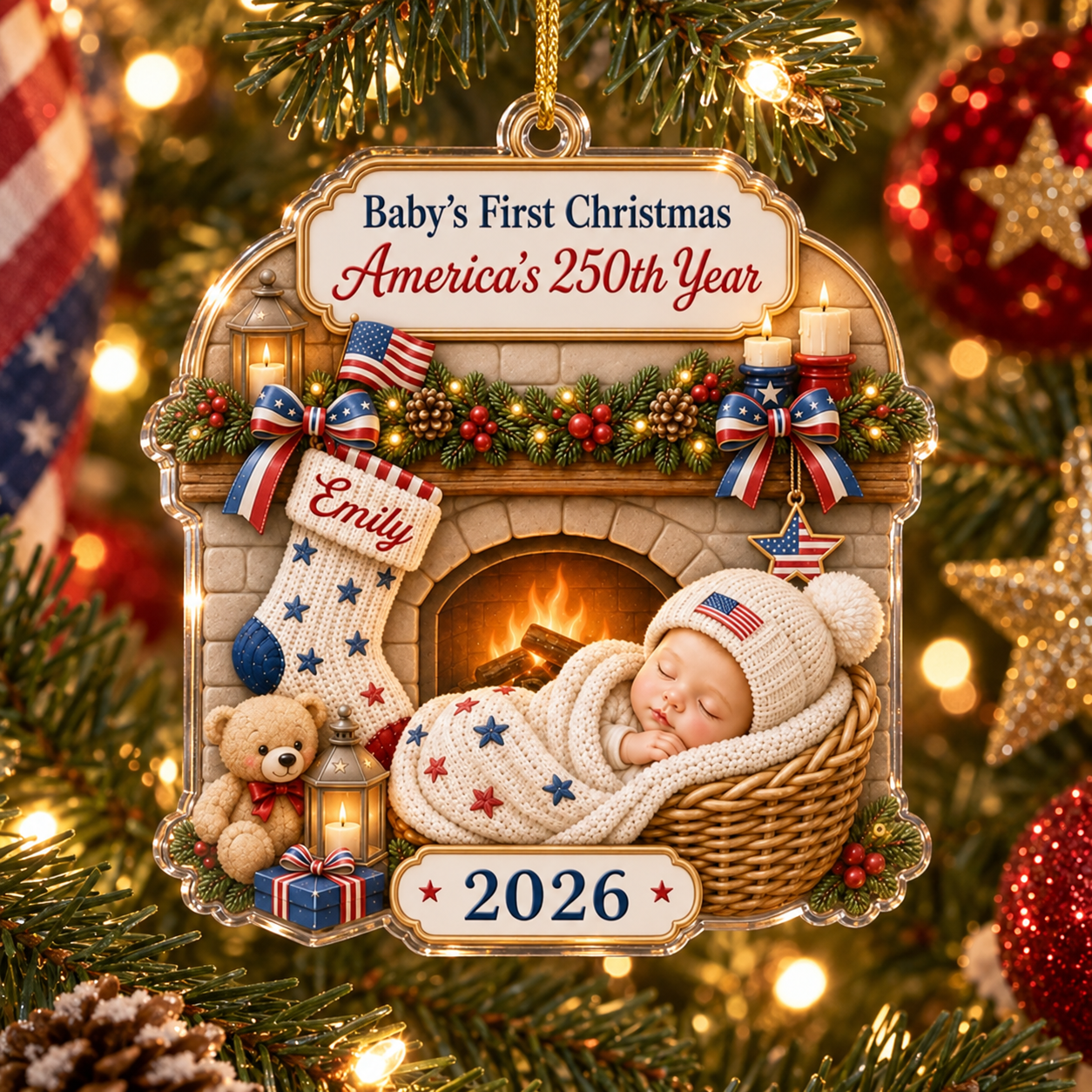 Baby's First Christmas America's 250th acrylic ornament with name hanging on a Christmas tree