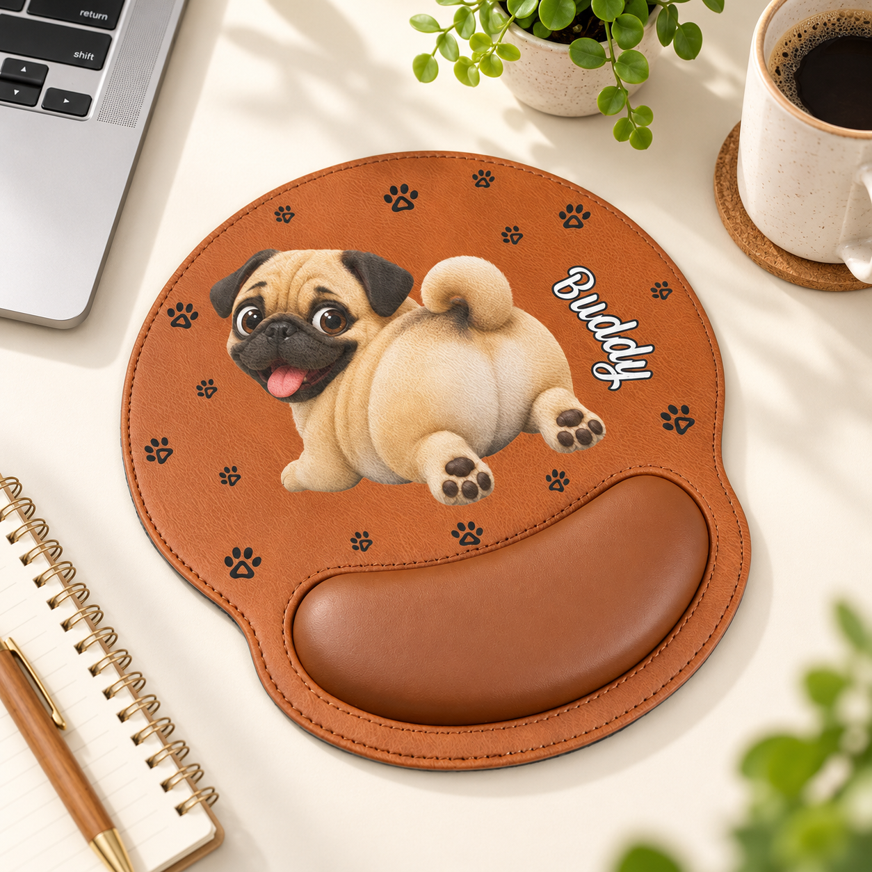 Personalized pug mouse pad with wrist rest on a tidy home office desk