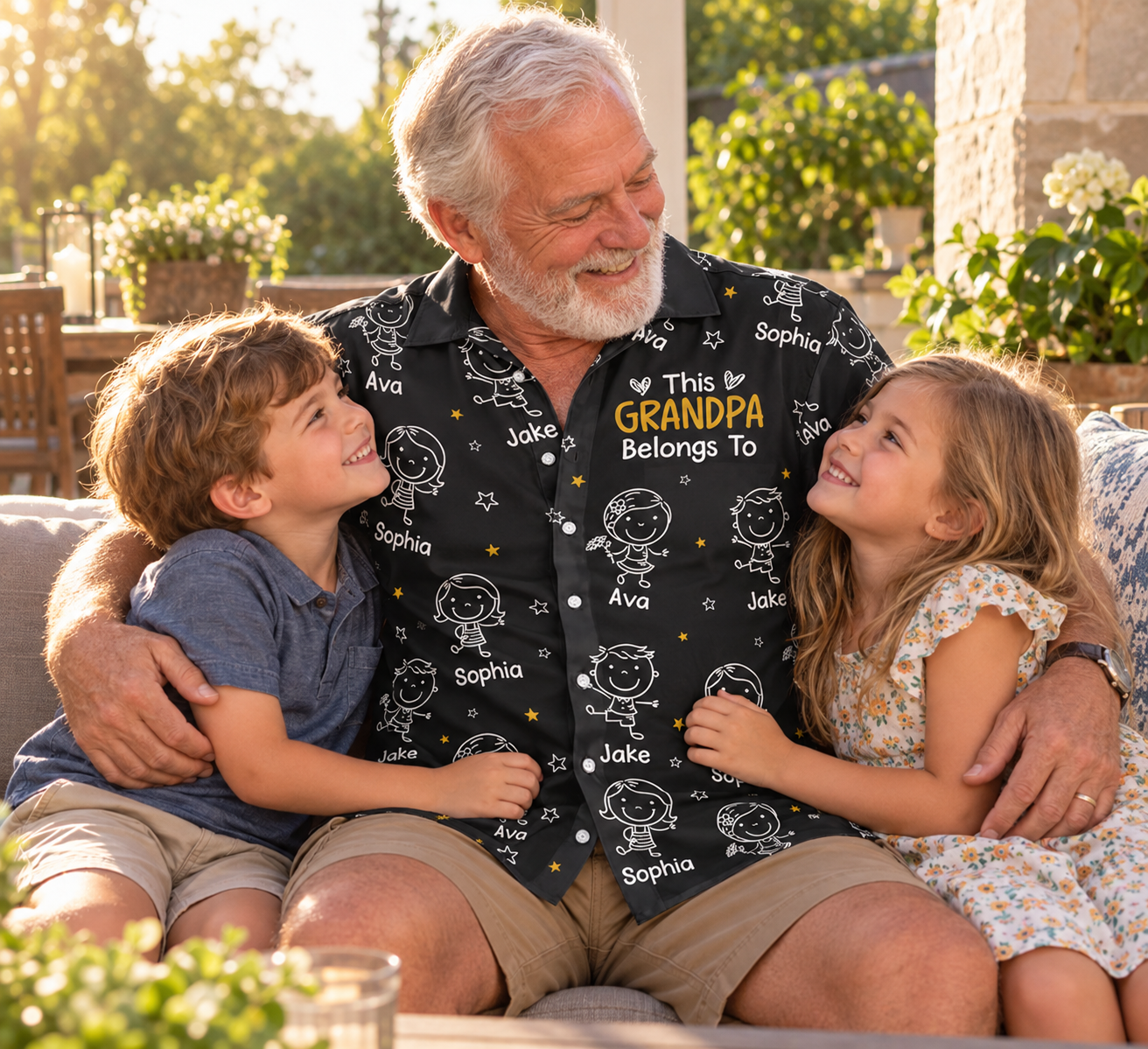 Grandfather hugging two grandchildren on a patio in a personalized This Grandpa Belongs To Hawaiian shirt