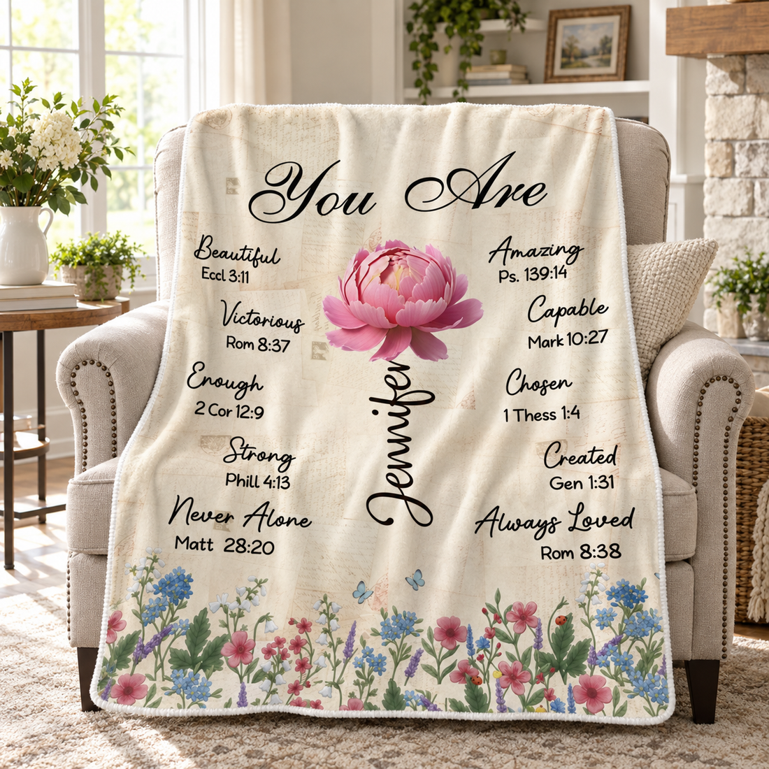 Personalized You Are Bible verse blanket with pink peony and name Jennifer draped over an armchair