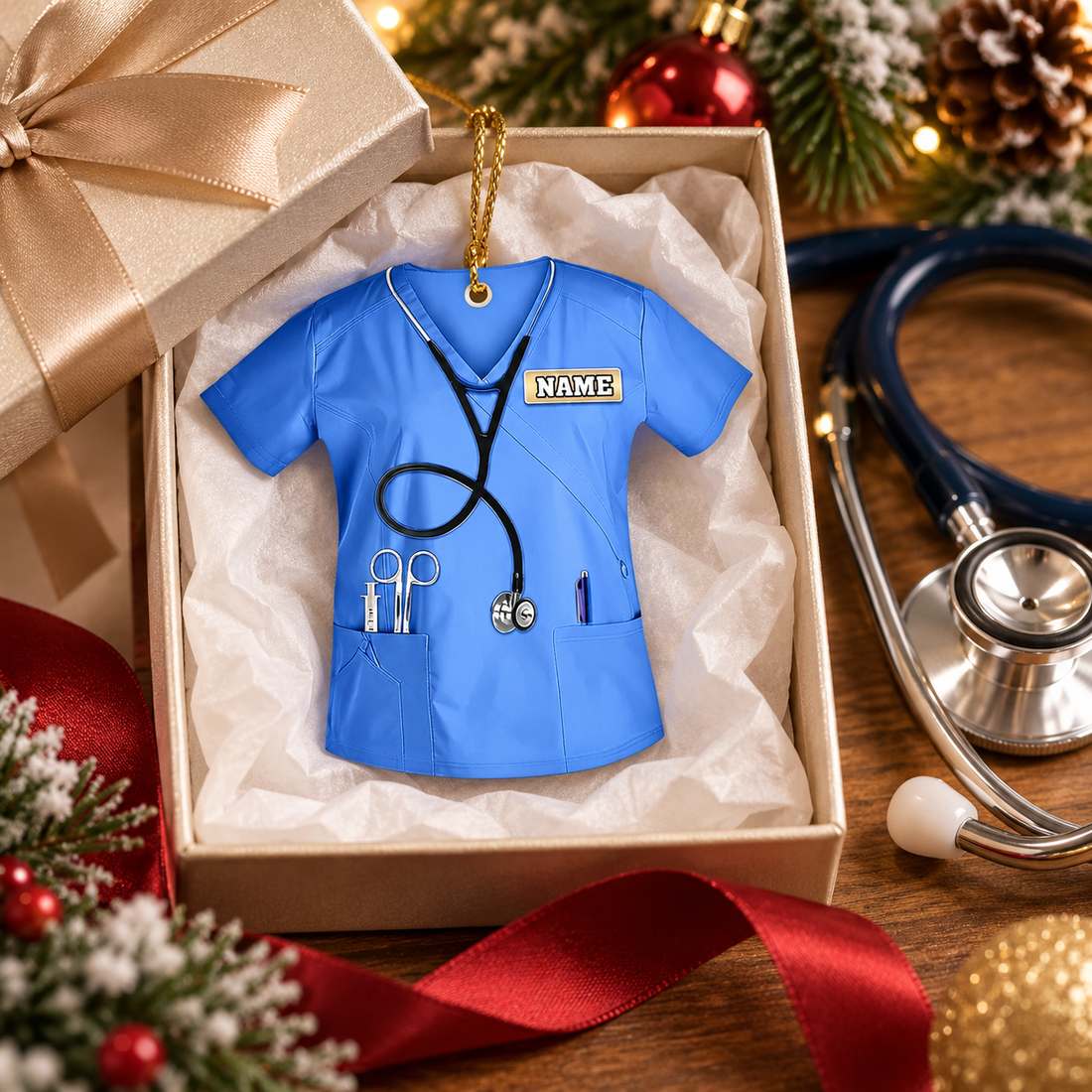 Personalized nurse scrubs ornament in a gift box with tissue, ribbon and a stethoscope