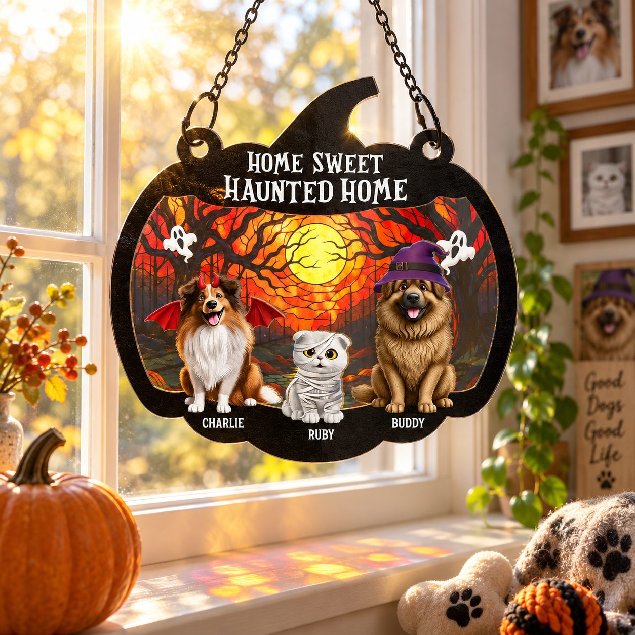 Custom Halloween Home Sweet Haunted Home suncatcher hanging in a sunny window with a pumpkin on the sill