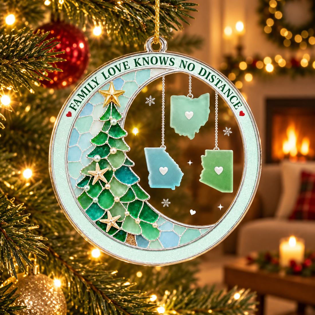 Custom Connected By Heart acrylic Christmas ornament hanging on a lit tree in a couple's living room