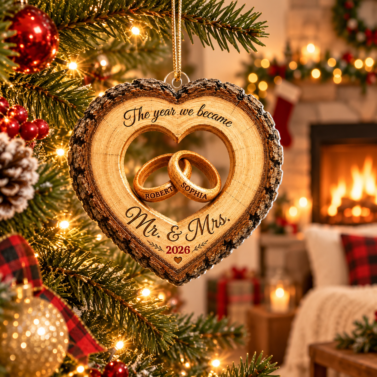 Together Forever couple acrylic ornament with names hanging on a tree in a cozy home with a fireplace