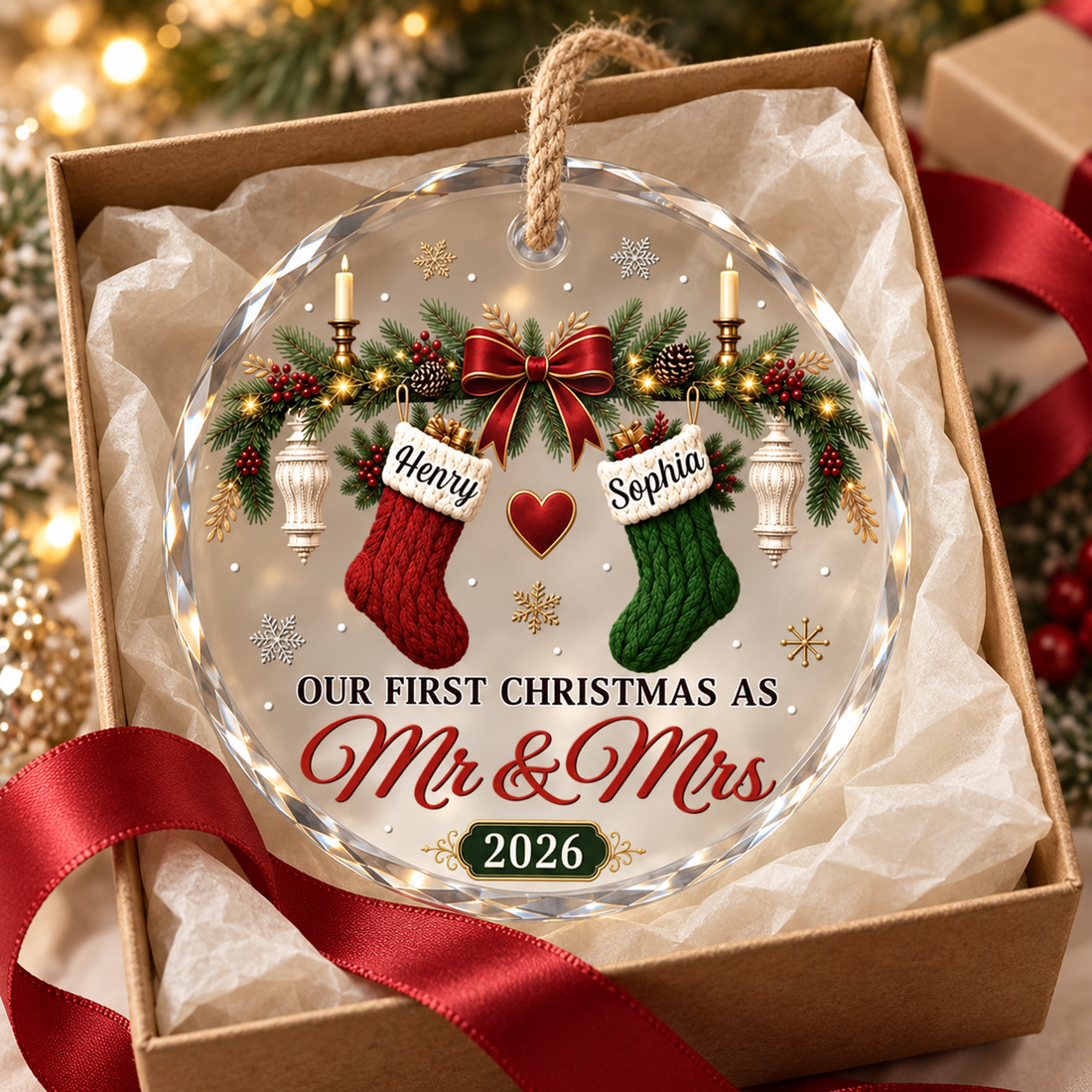 Custom Our First Christmas As Mr and Mrs crystal glass ornament in a kraft gift box with a red ribbon