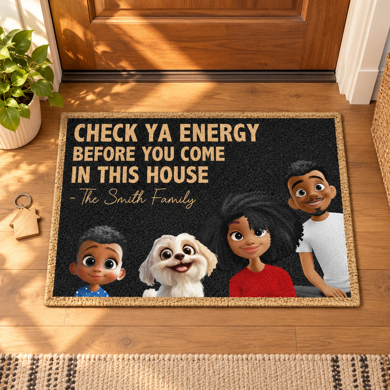 Custom family doormat with cartoon family portrait laid out on a hardwood entryway as a housewarming gift