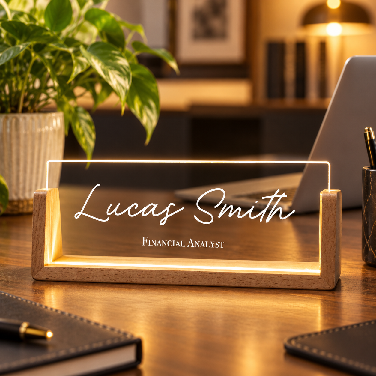 Personalized lighted name desk plate on an office desk beside a laptop and plant