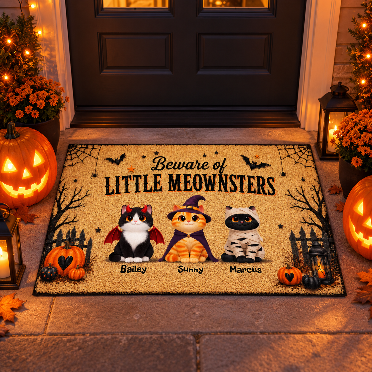 Personalized Beware of Little Meownsters Halloween cat doormat on a porch with glowing jack-o'-lanterns at dusk
