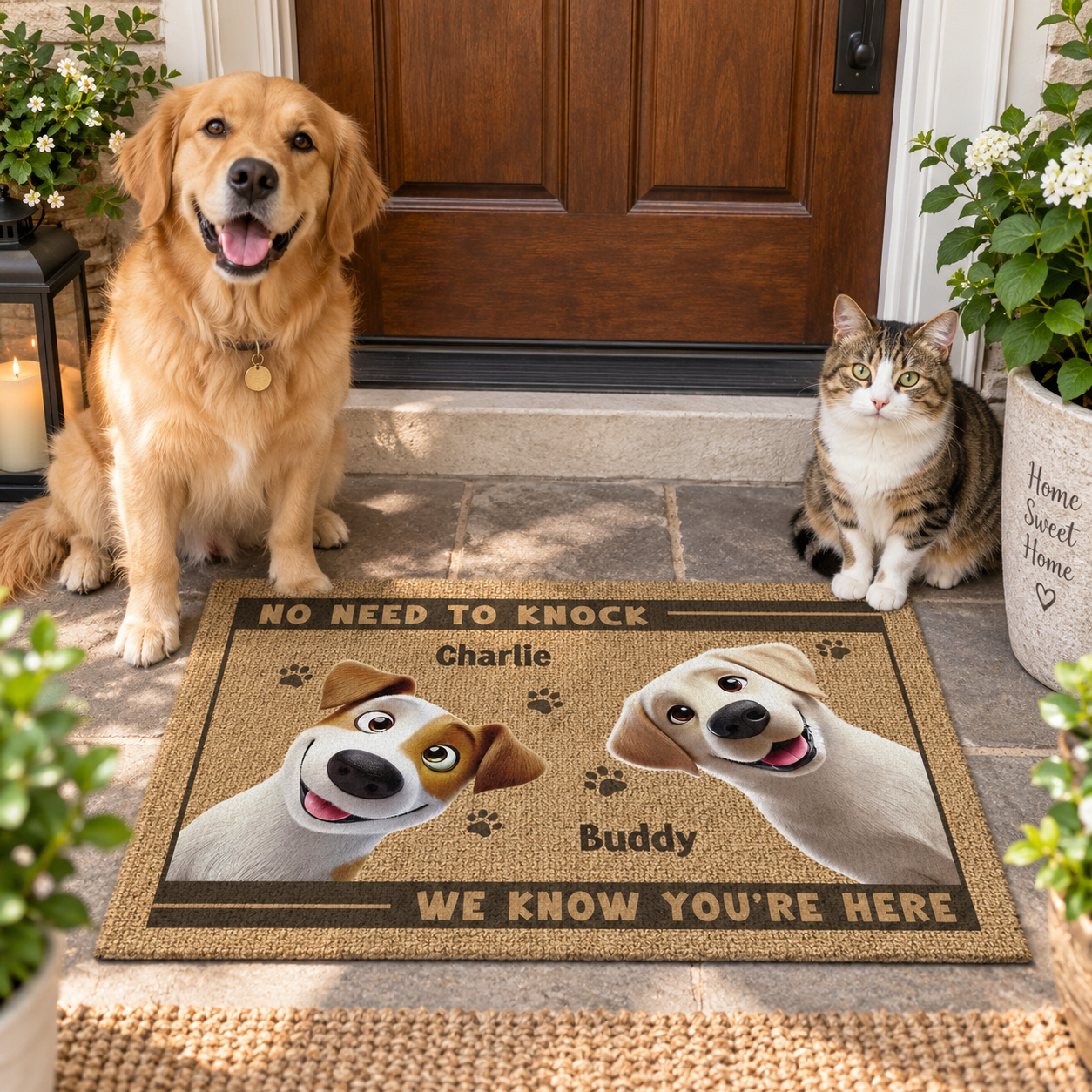 Personalized Paws Before People doormat on a cozy porch with a real dog and a cat beside potted plants