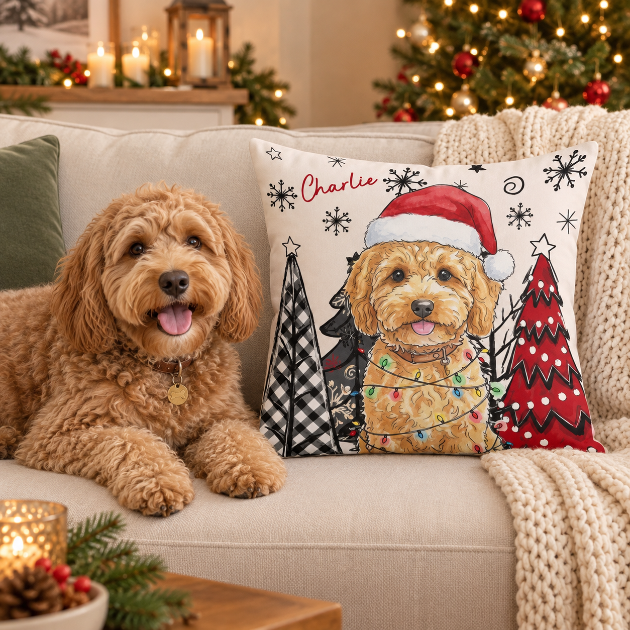 Personalized Christmas pet pillow with Santa hat dog and name Charlie on a sofa beside a real dog
