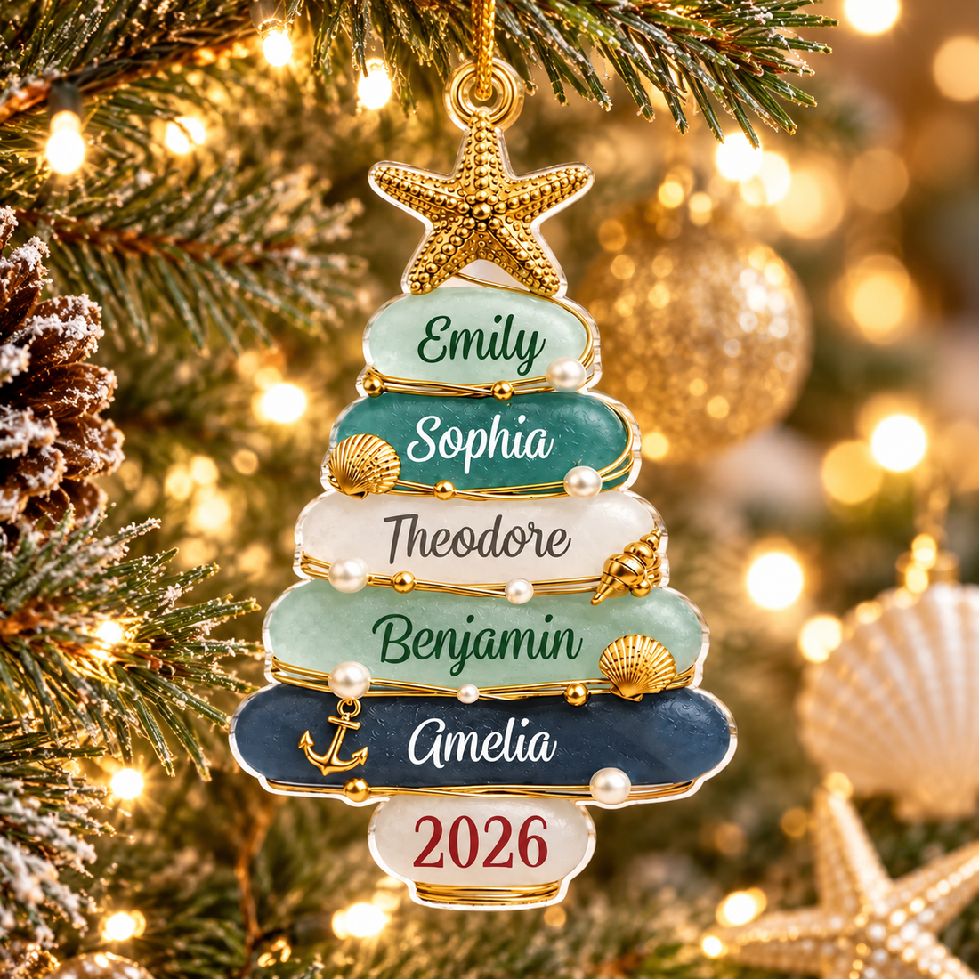 Holiday Cheer Starts With Family personalized acrylic ornament on a lit Christmas tree