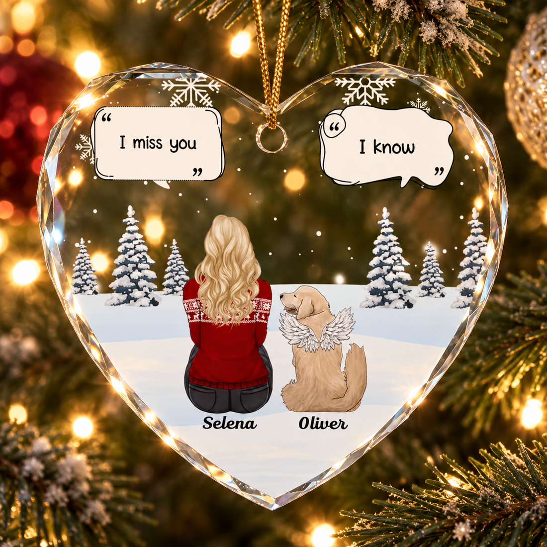I Miss You memorial pet heart glass ornament hanging on a lit Christmas tree