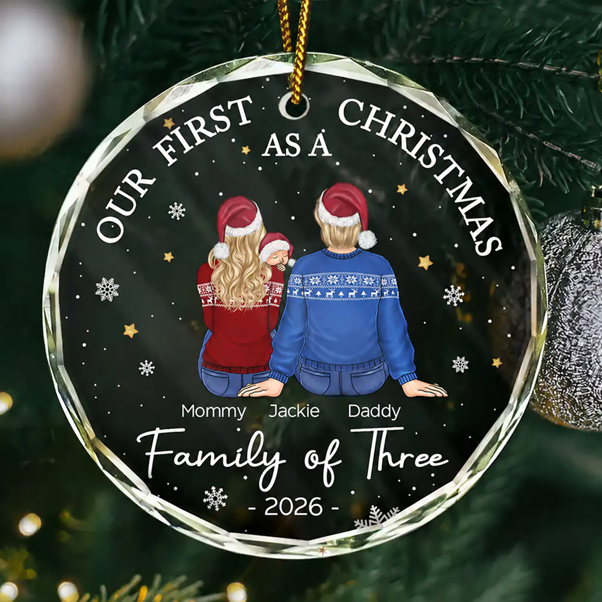 First Christmas As A Family Of Three New Parents - Personalized Circle Glass Ornament - Babies 1st Christmas Gifts