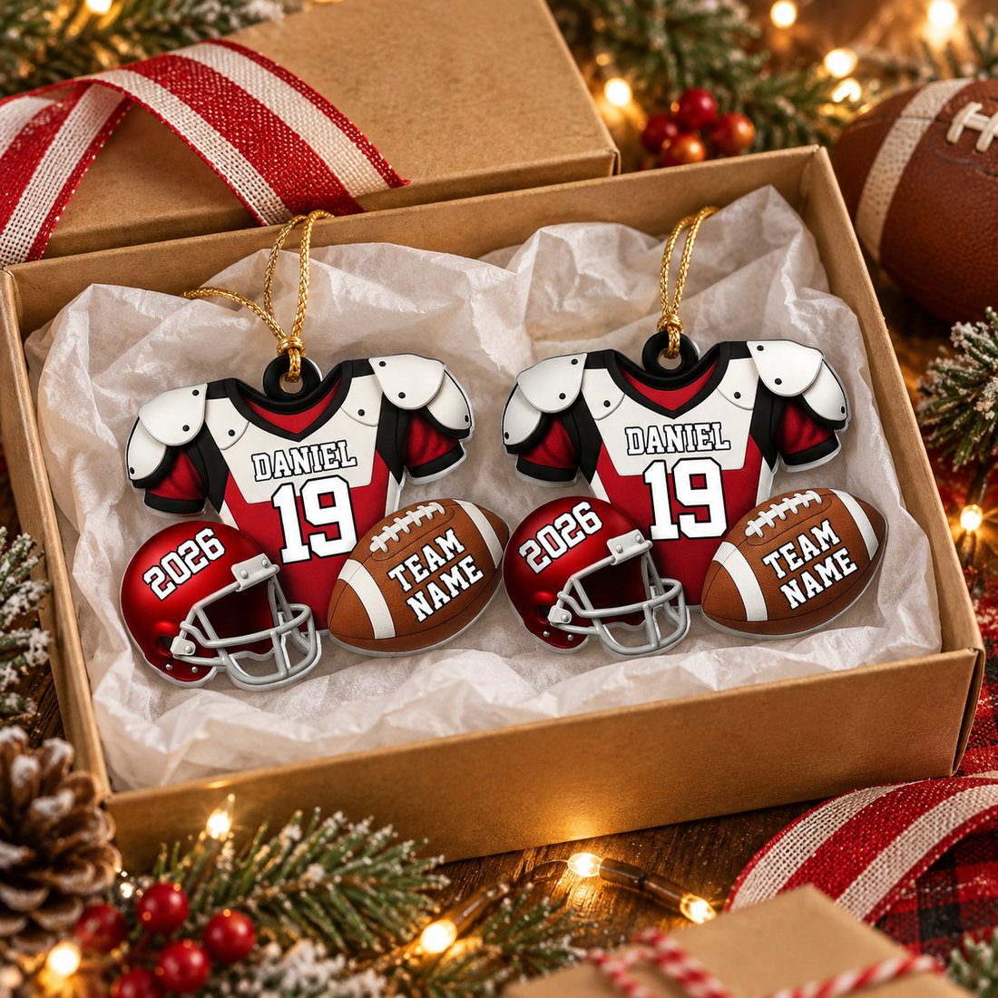 Two custom football jersey acrylic ornaments in a kraft gift box with tissue paper and ribbon
