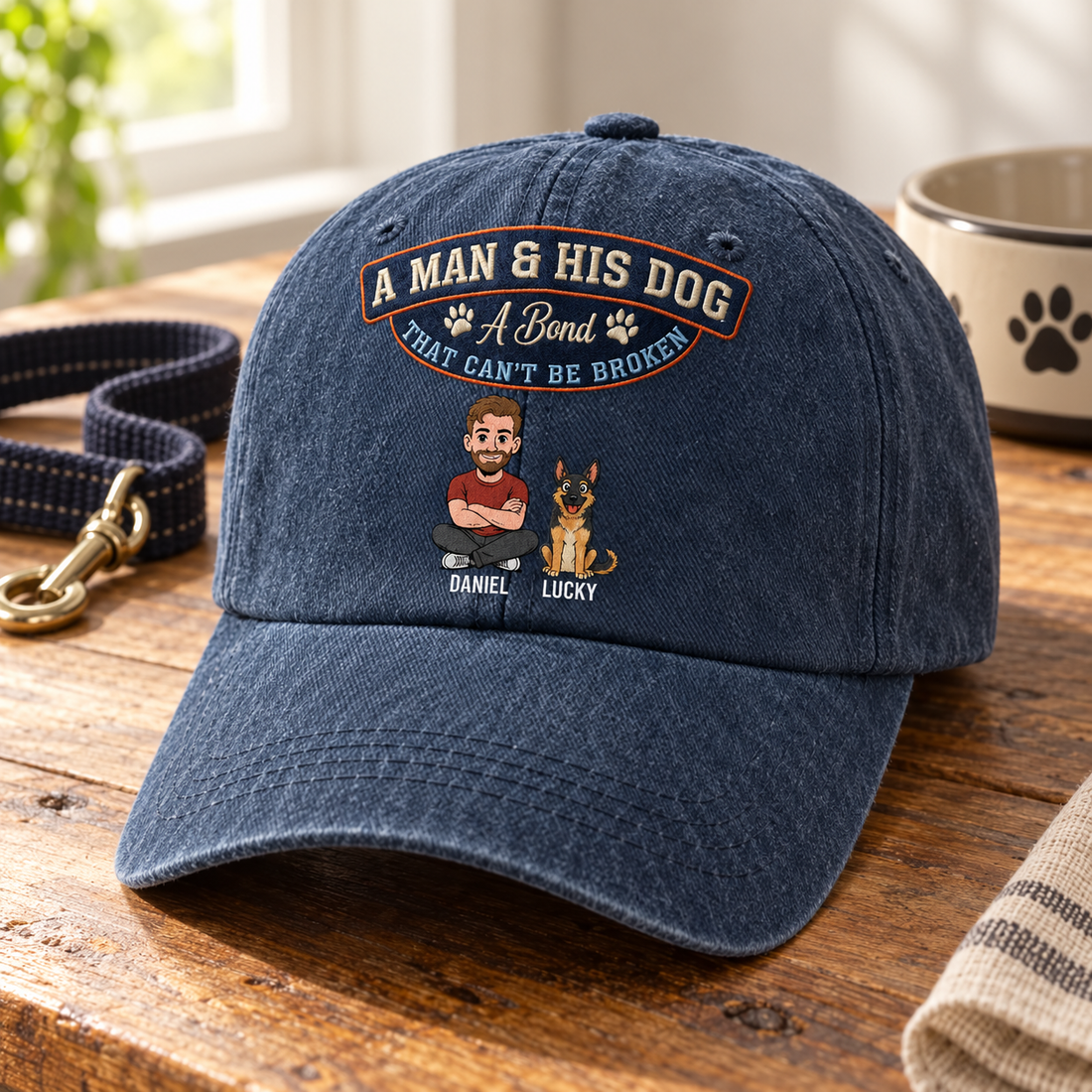 Personalized A Man and His Dog vintage washed denim cap on a wooden table with a leash
