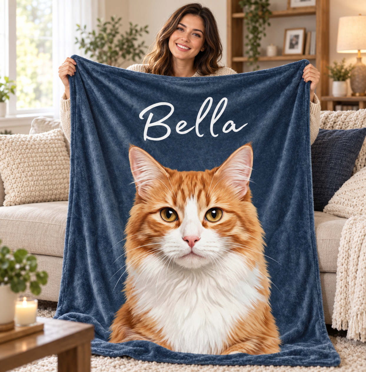 Woman holding a personalized cat photo blanket with name on a cozy sofa