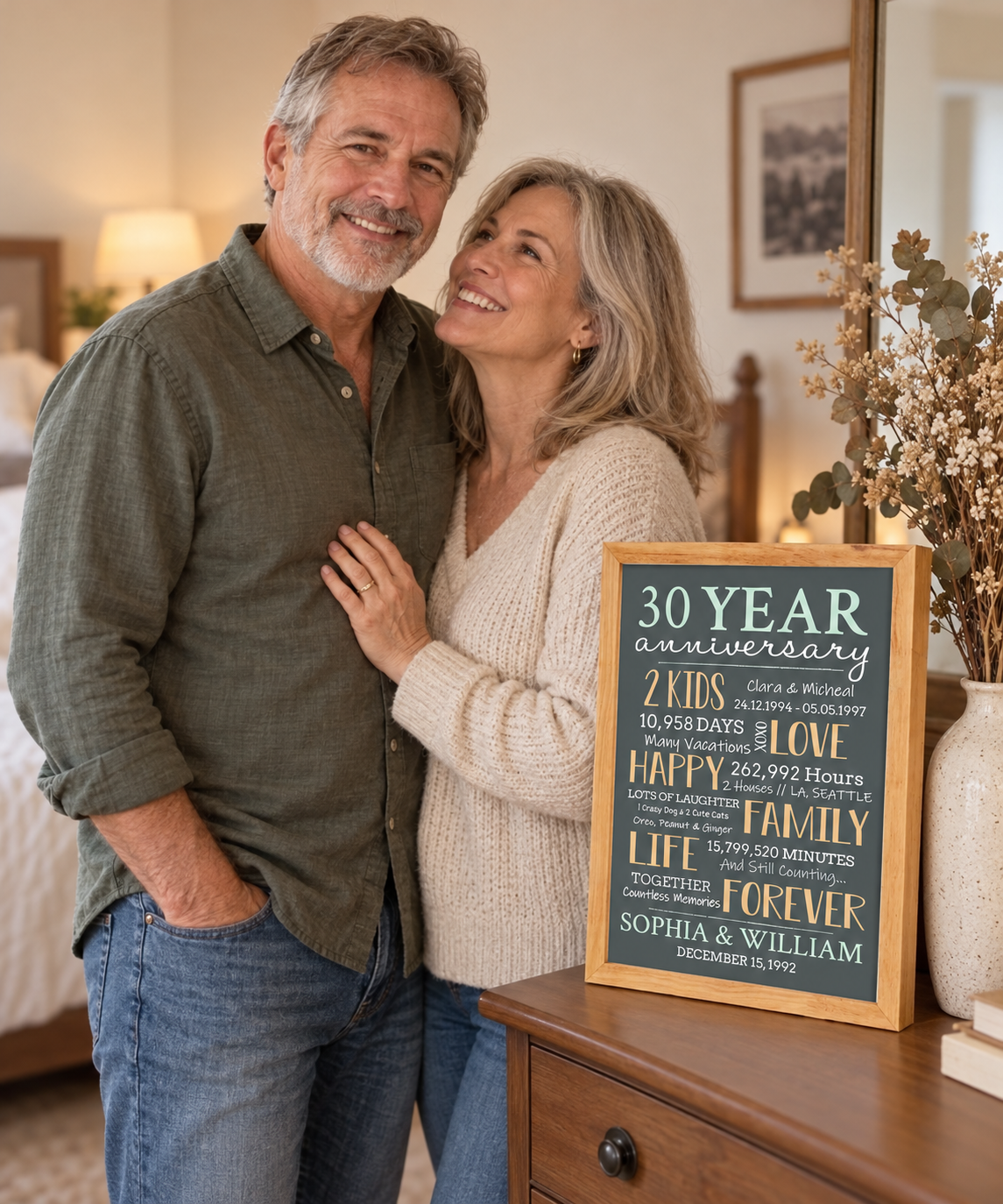 Personalized 30-year anniversary framed print on a bedroom dresser beside a smiling couple