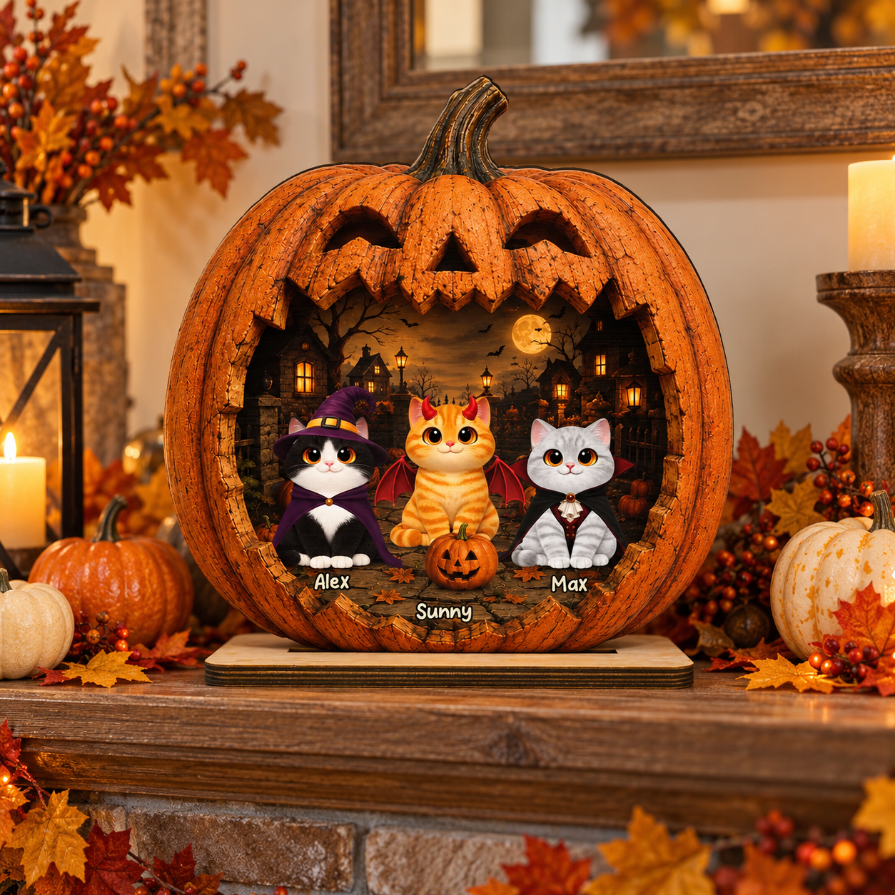 Personalized Halloween pumpkin cats wooden plaque on a fall mantel