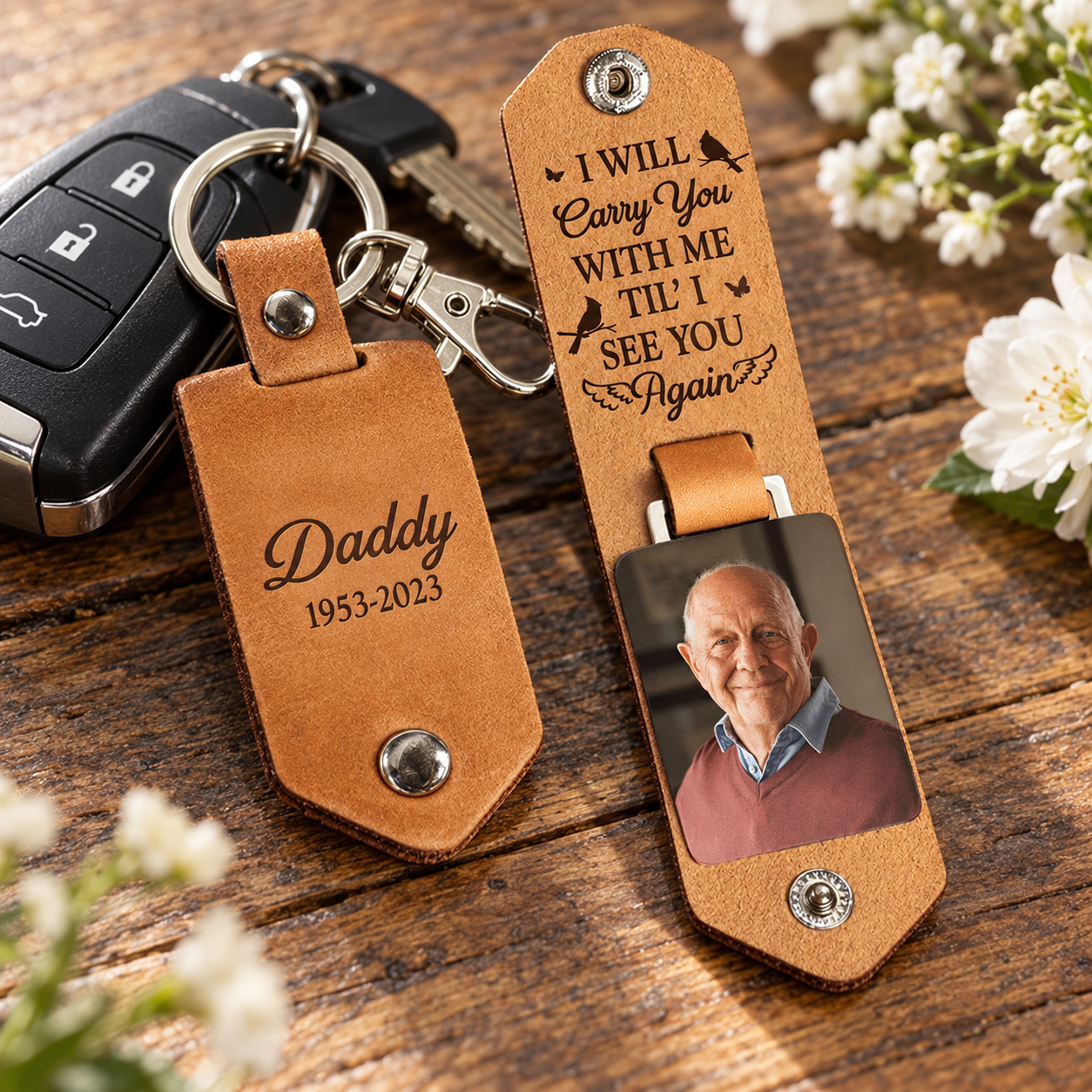 Personalized leather memorial photo keychain with car keys and white flowers
