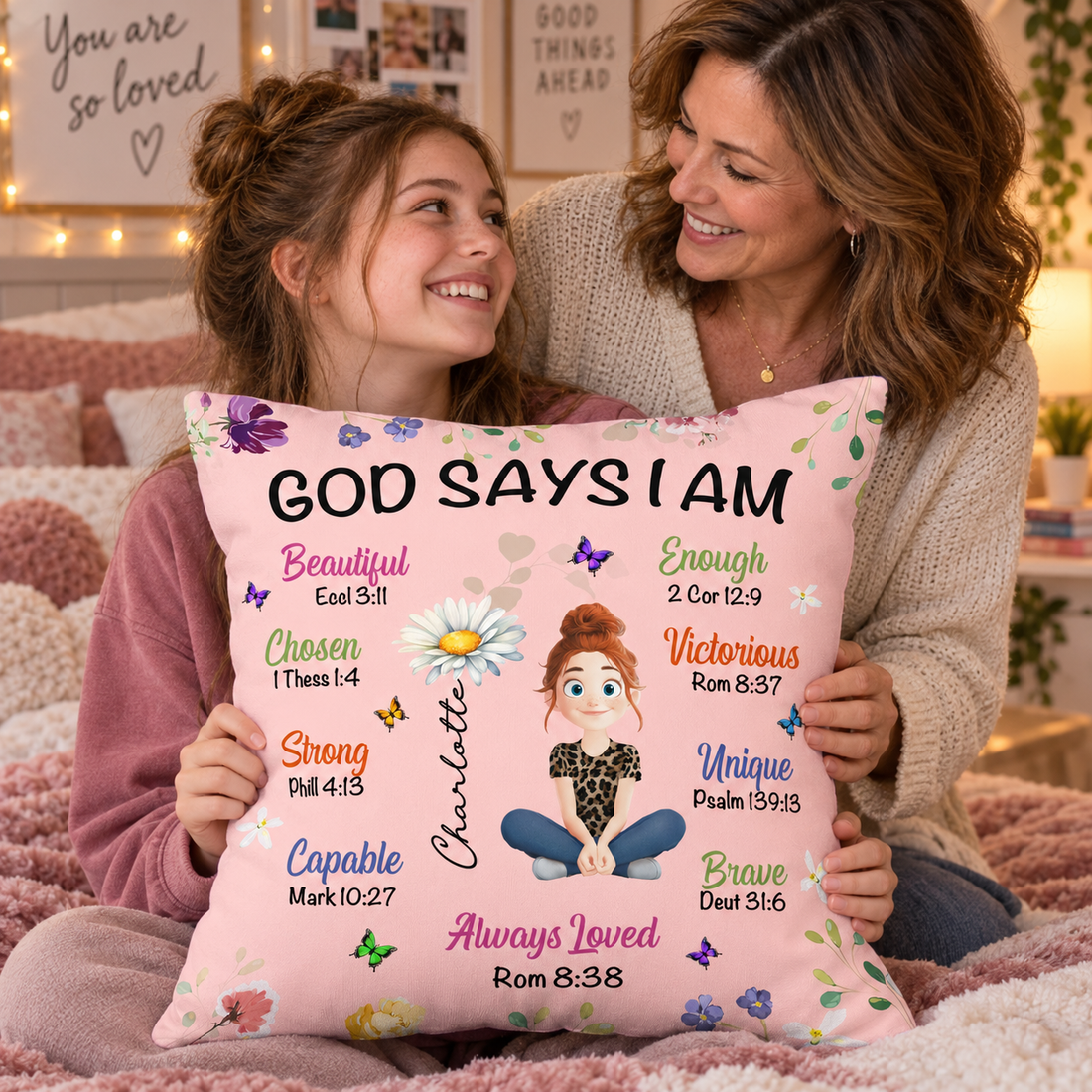 Mother and teen daughter holding a personalized God Says I Am pillow gift