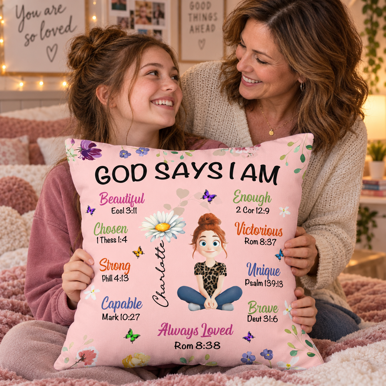 Mother and teen daughter holding a personalized God Says I Am pillow gift