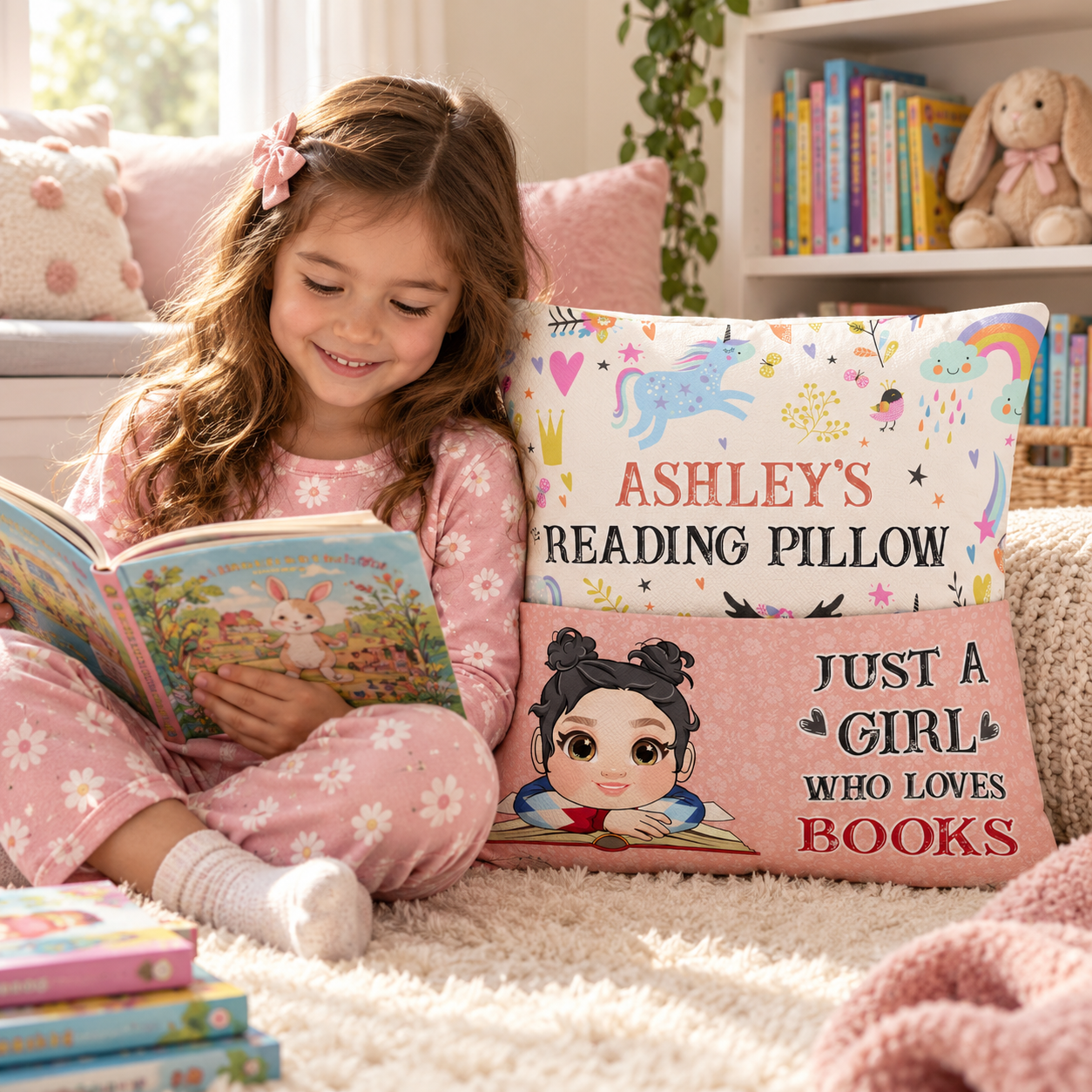 Little girl reading on the floor leaning on a personalized reading pocket pillow